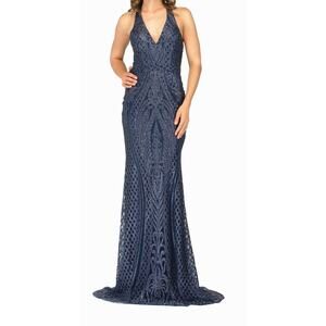 Abby Paris 90011 Formal midnight blue Glitter Gown 8 halter open back NWT $269